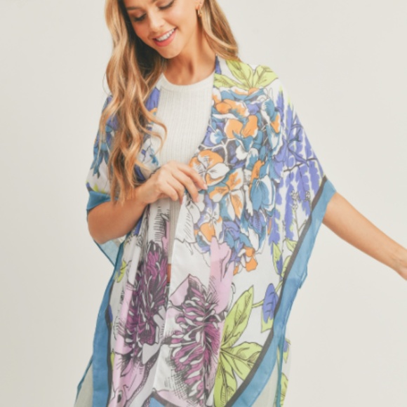 "The Randi" Blue Floral Print Boho Kimono - Picture 2 of 5